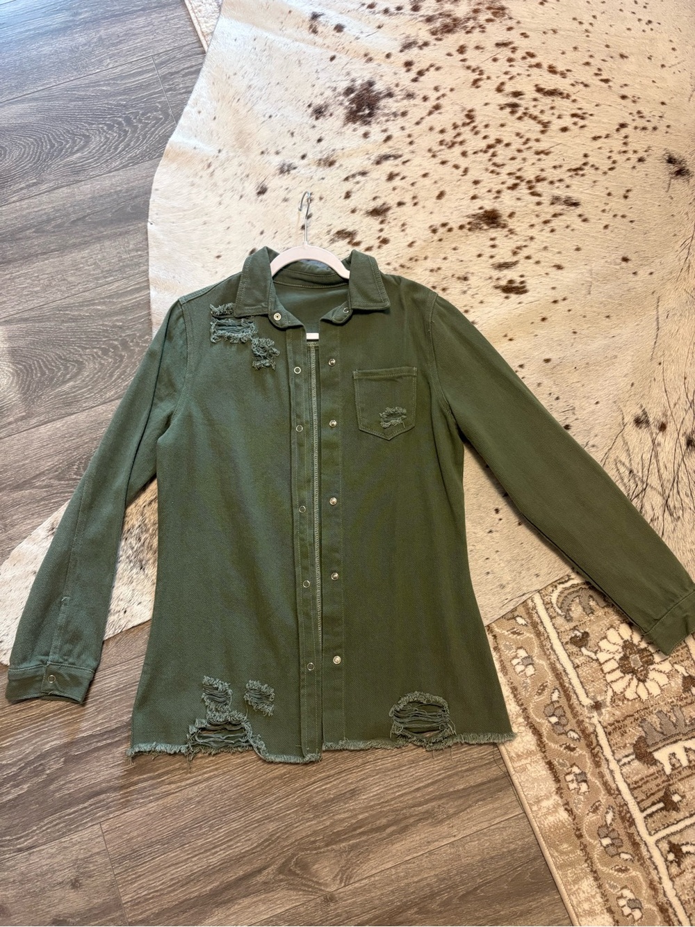 Distressed Olive Green Button-Up Jacket